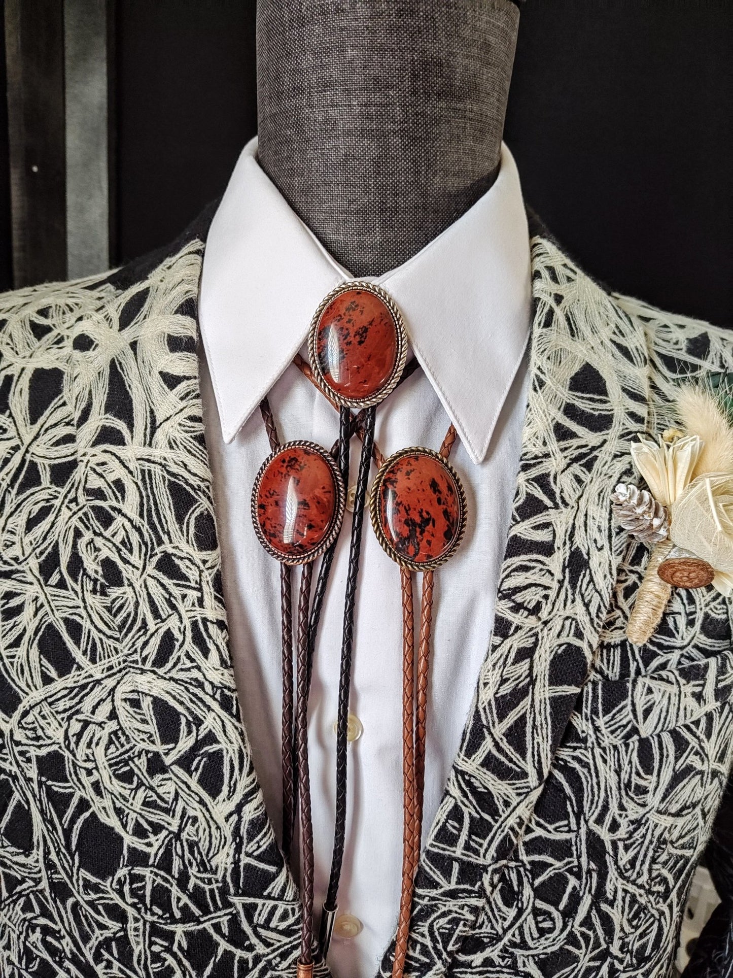 Bolo Tie with Red Mahogany Obsidian in Classic Rope Twist Gold or Silver Setting - Folks On The Edge