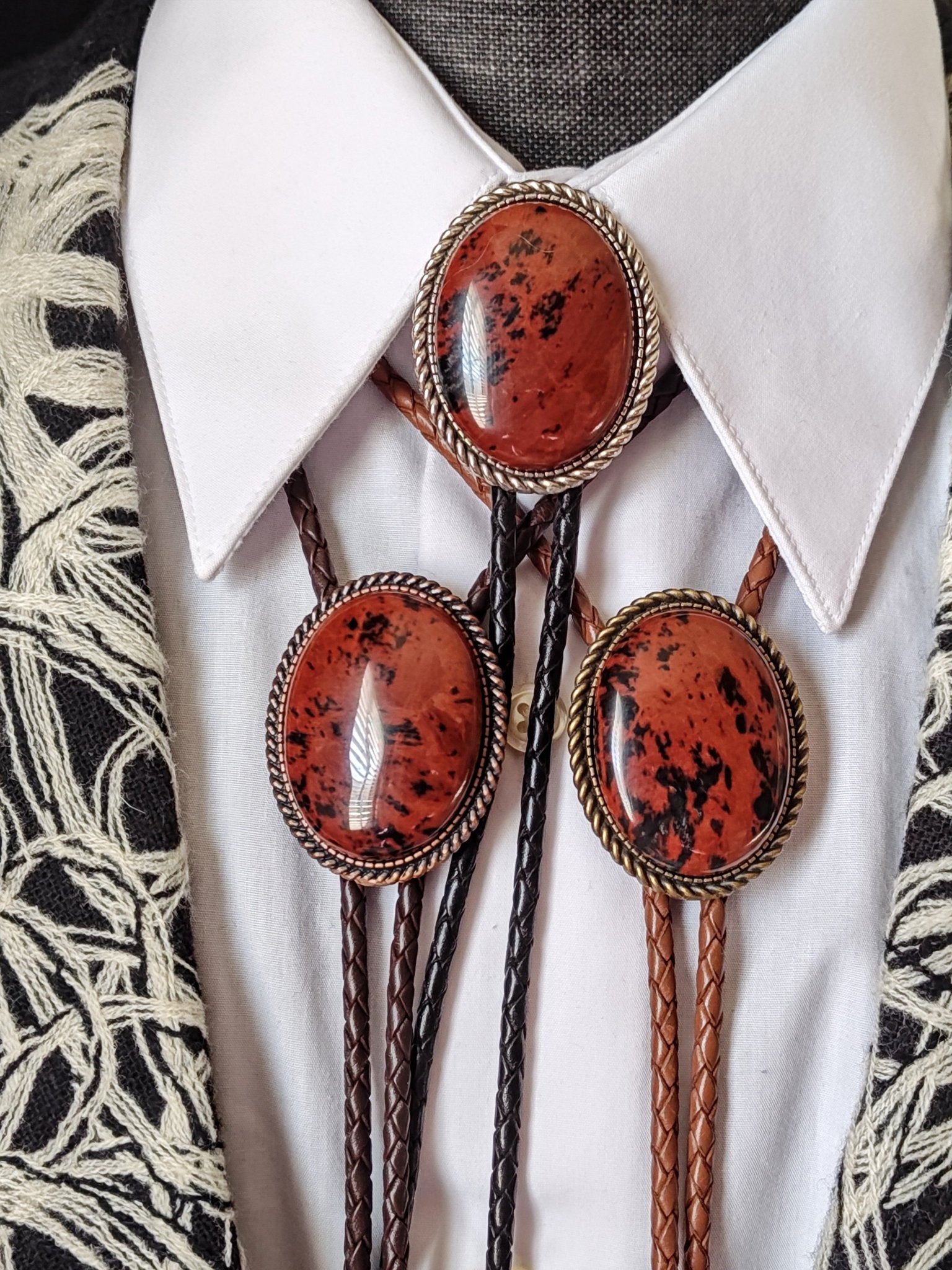 Bolo Tie with Red Mahogany Obsidian in Classic Rope Twist Gold or Silver Setting - Folks On The Edge