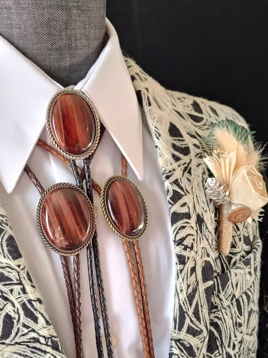 Bolo Tie with Red Tiger's Eye Jasper in Classic Rope Twist Gold, Silver or Copper - Folks On The Edge