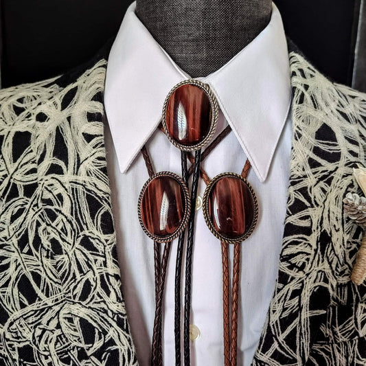Bolo Tie with Red Tiger's Eye Jasper in Classic Rope Twist Gold, Silver or Copper - Folks On The Edge