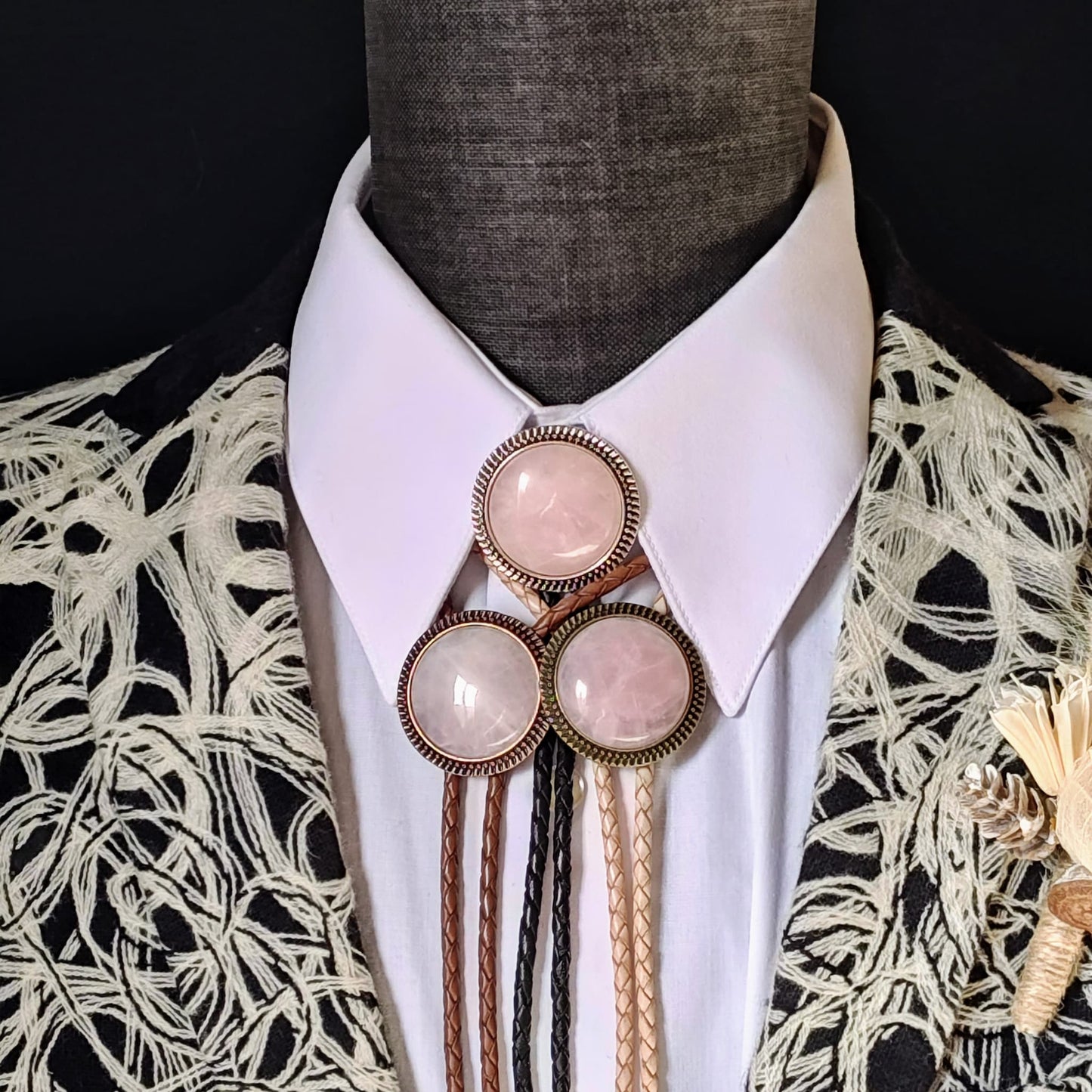 Bolo Tie with Rose Quartz in Round Up Gold, Silver or Copper Setting - Folks On The Edge