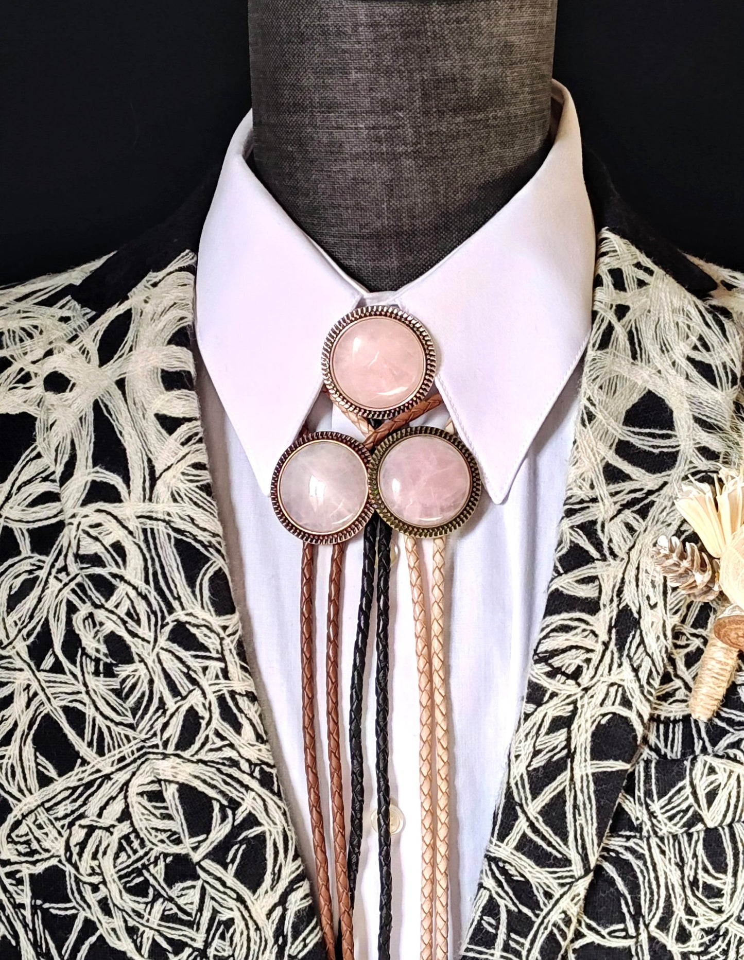 Bolo Tie with Rose Quartz in Round Up Gold, Silver or Copper Setting - Folks On The Edge