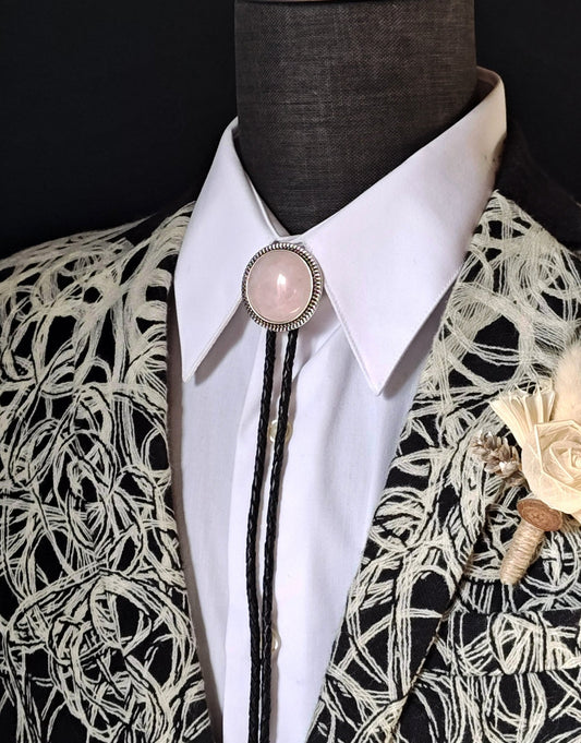 Bolo Tie with Rose Quartz in Round Up Gold, Silver or Copper Setting - Folks On The Edge