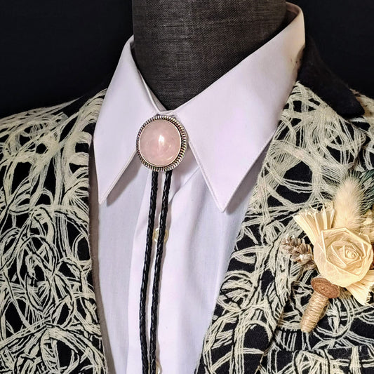 Bolo Tie with Rose Quartz in Round Up Gold, Silver or Copper Setting - Folks On The Edge