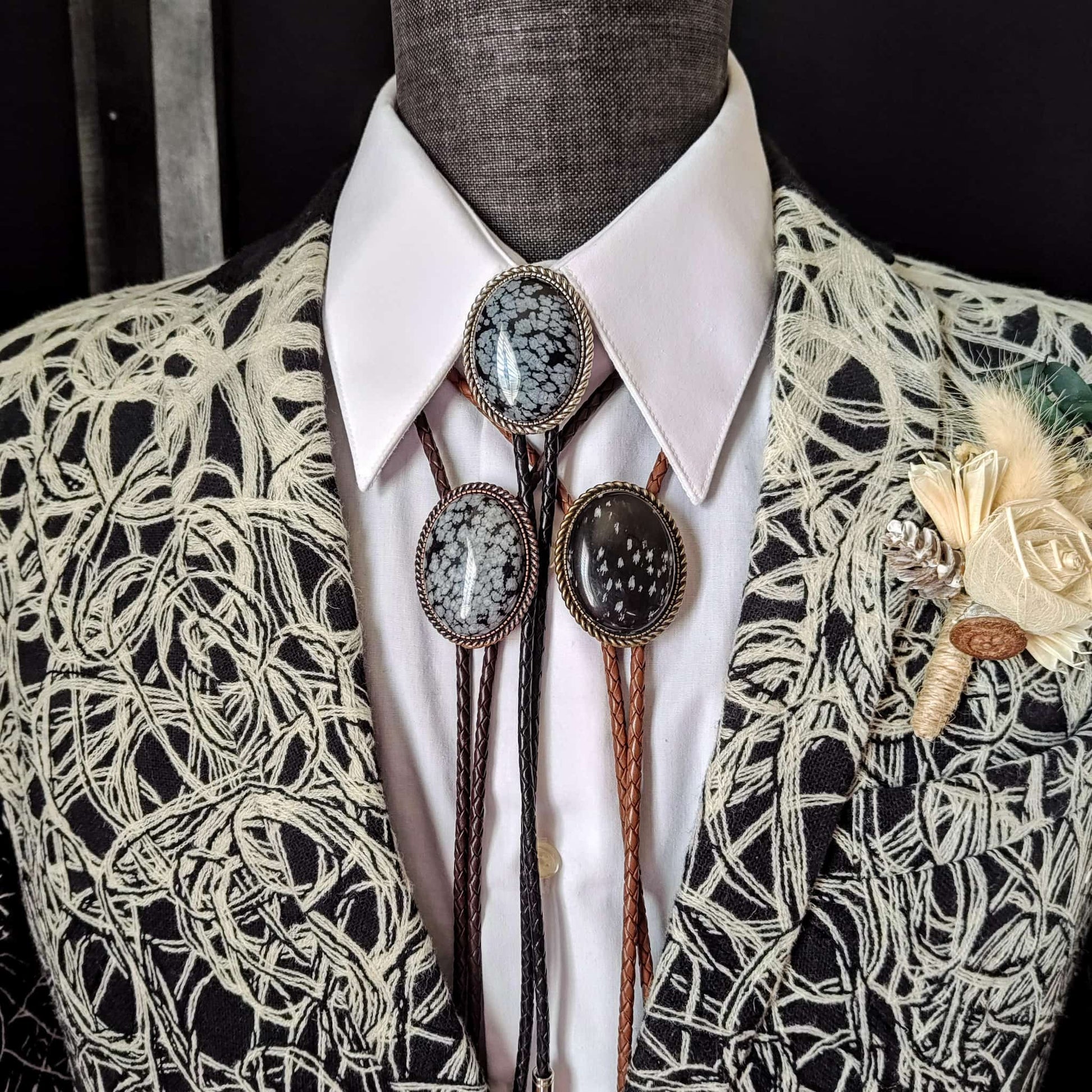Bolo Tie with Snowflake Obsidian in Classic Rope Twist Gold or Silver Setting - Folks On The Edge