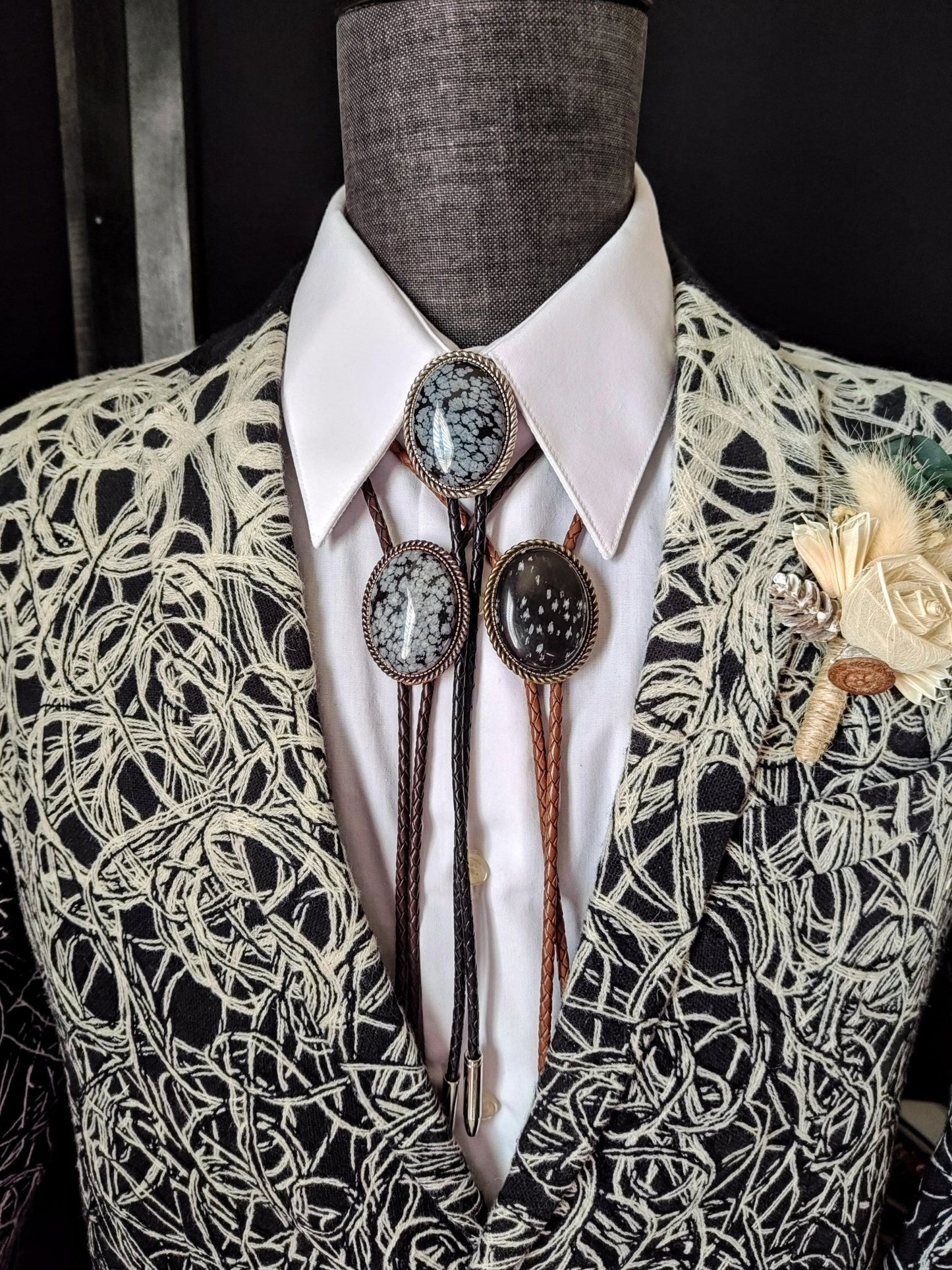 Bolo Tie with Snowflake Obsidian in Classic Rope Twist Gold or Silver Setting - Folks On The Edge