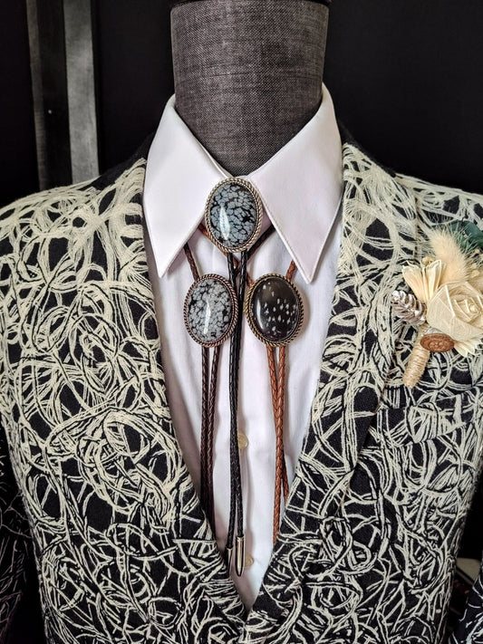 Bolo Tie with Snowflake Obsidian in Classic Rope Twist Gold or Silver Setting - Folks On The Edge