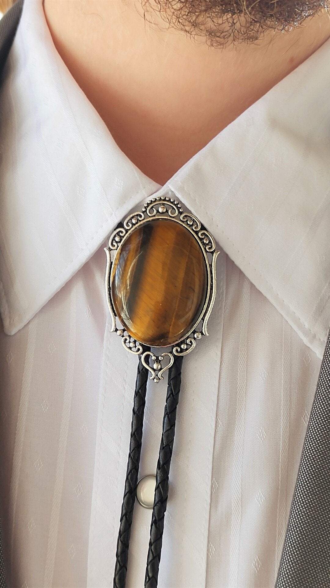 Bolo Tie with Tiger's Eye Jasper in Elegant Gold, Silver or Copper - Folks On The Edge