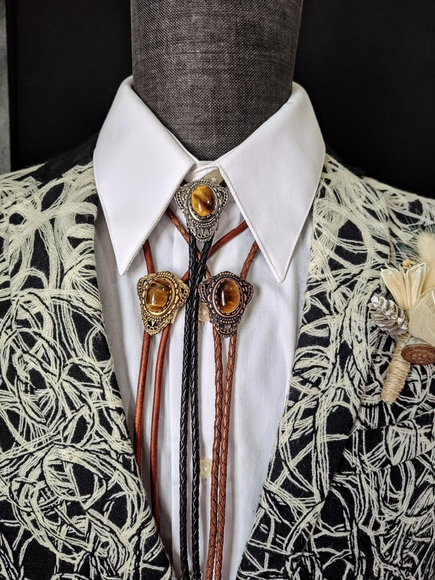 Bolo Tie with Tiger's Eye Jasper in Muldoon Gold, Silver or Copper - Folks On The Edge