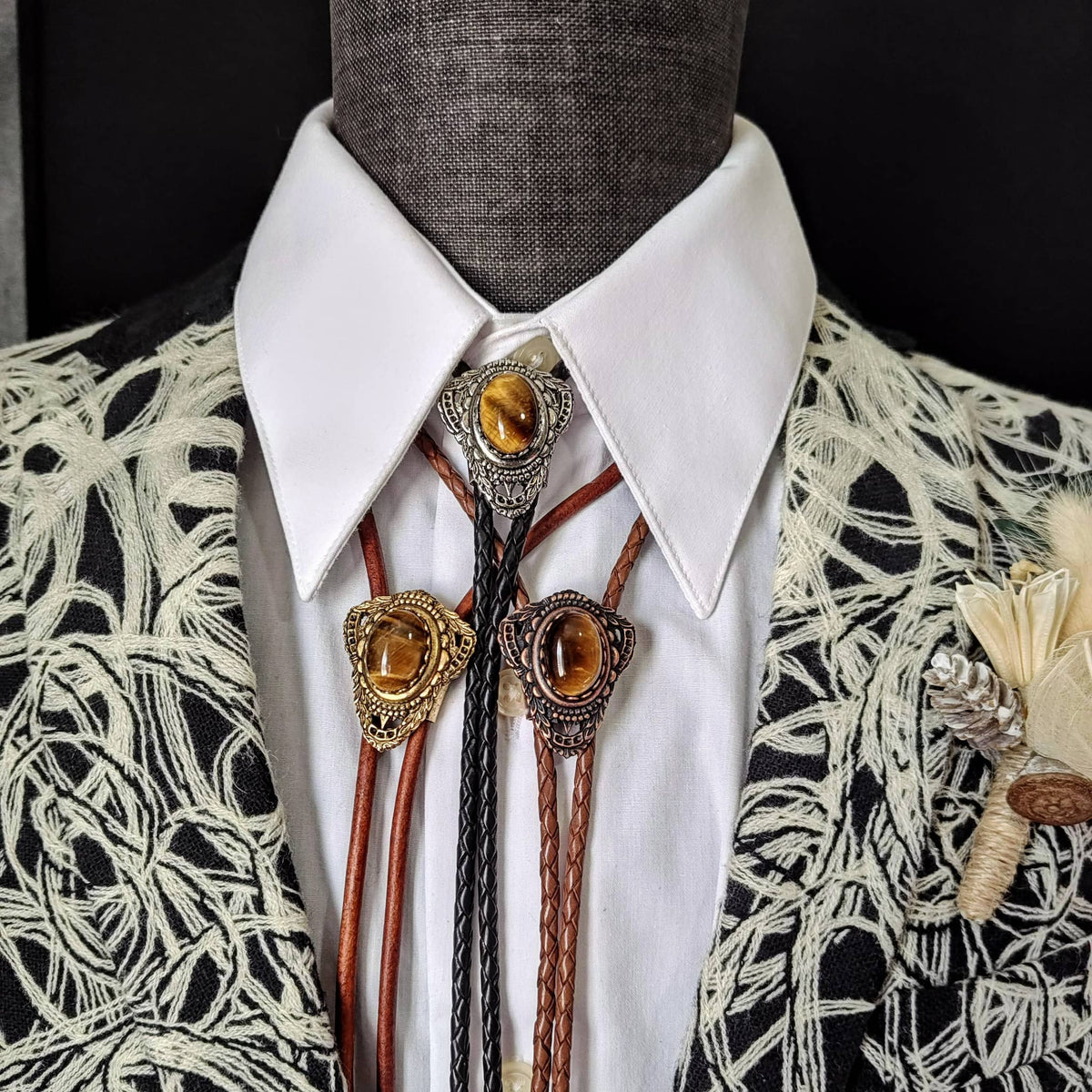 Bolo Tie with Tiger's Eye Jasper in Muldoon Gold, Silver or Copper - Folks On The Edge
