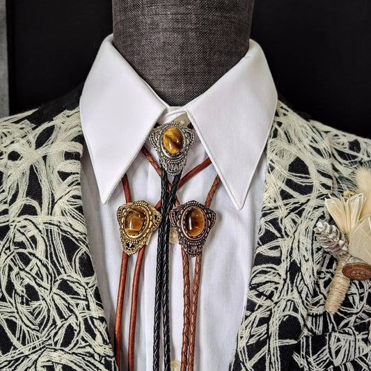 Bolo Tie with Tiger's Eye Jasper in Muldoon Gold, Silver or Copper - Folks On The Edge