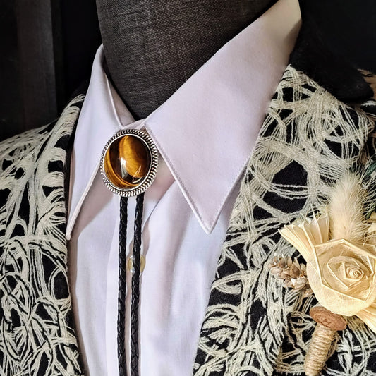 Bolo Tie with Tiger's Eye Jasper in Round Up Gold, Silver or Copper Setting - Folks On The Edge