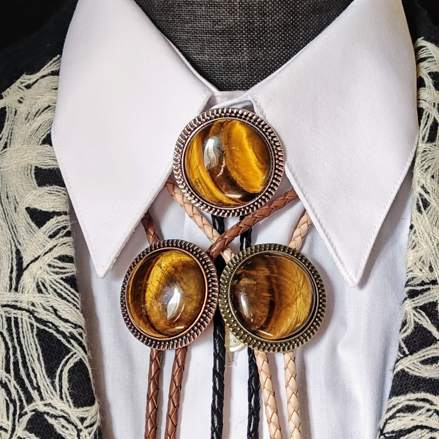 Bolo Tie with Tiger's Eye Jasper in Round Up Gold, Silver or Copper Setting - Folks On The Edge