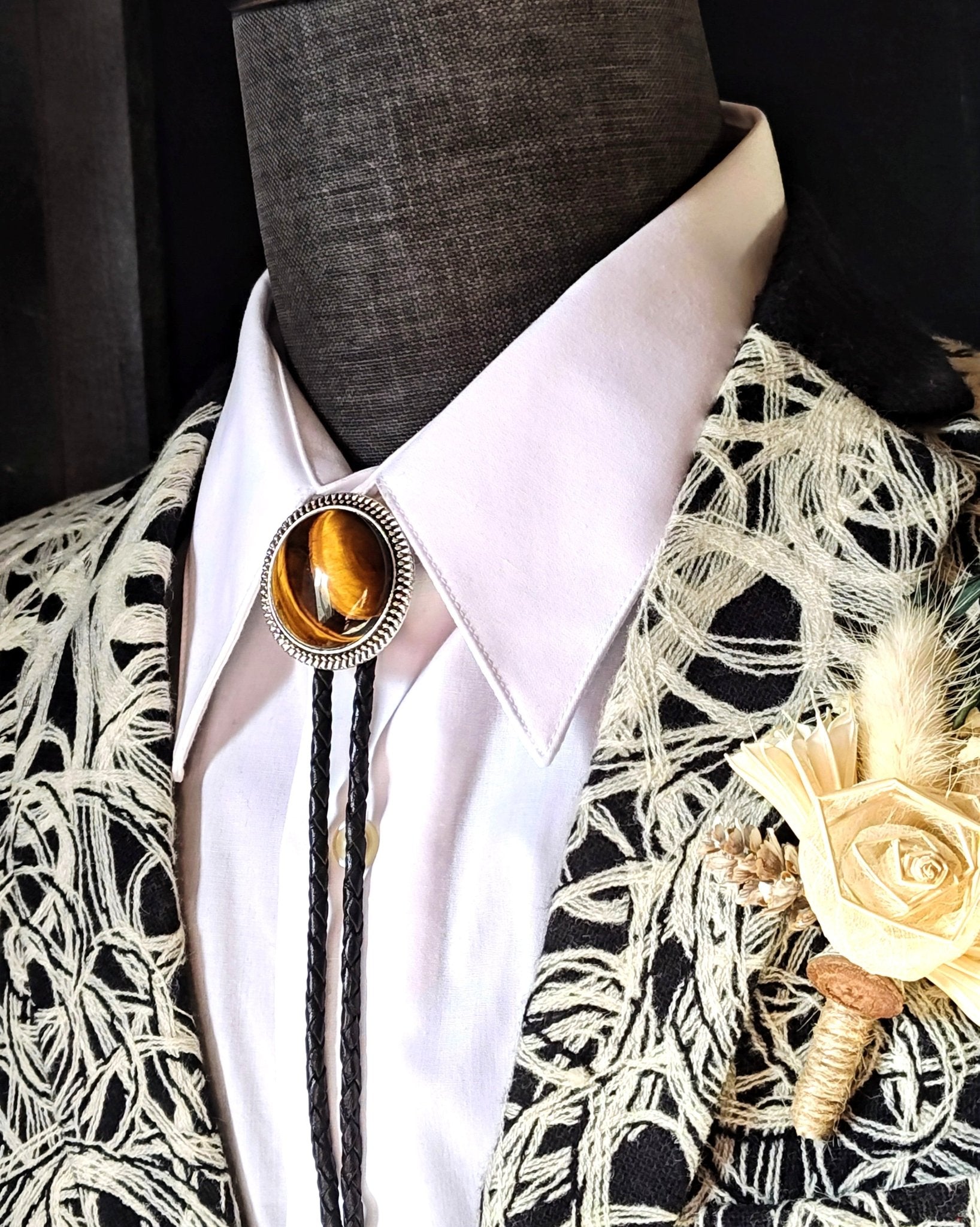 Bolo Tie with Tiger's Eye Jasper in Round Up Gold, Silver or Copper Setting - Folks On The Edge