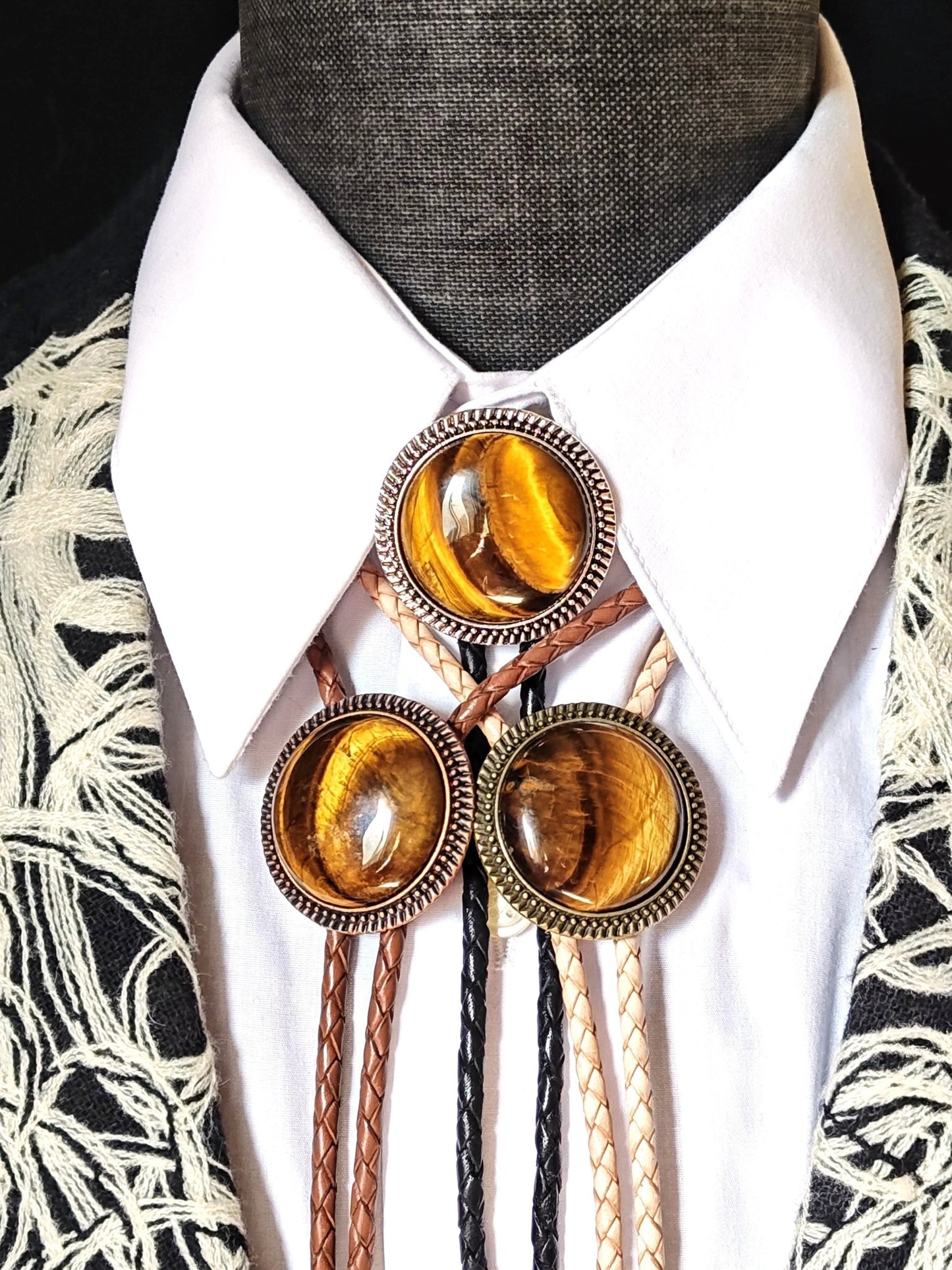 Bolo Tie with Tiger's Eye Jasper in Round Up Gold, Silver or Copper Setting - Folks On The Edge