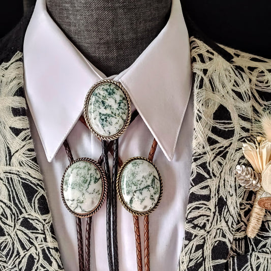 Bolo Tie with Tree Moss Agate in Classic Rope Twist Gold, Silver or Copper - Folks On The Edge