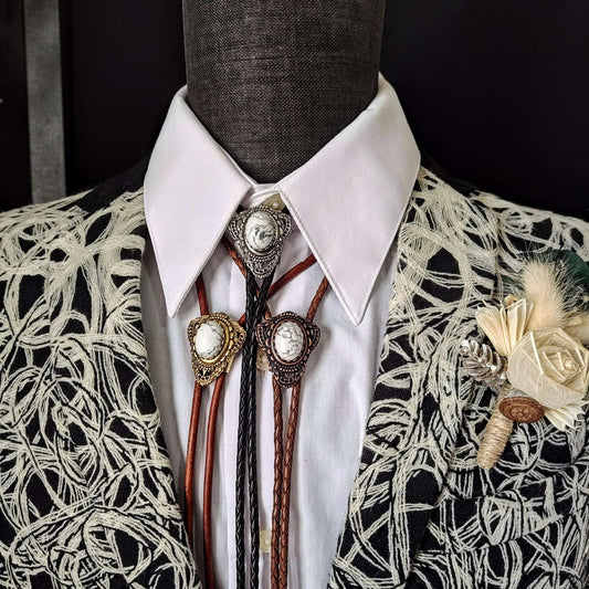 Bolo Tie with White Howlite in Muldoon Gold, Silver or Copper - Folks On The Edge