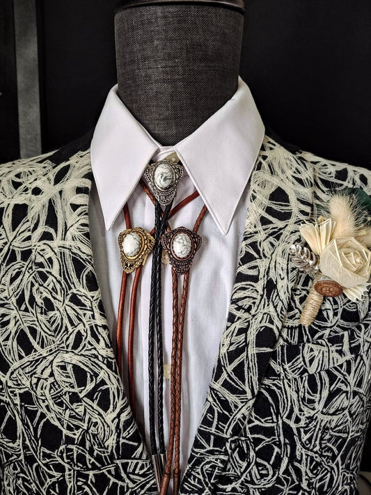 Bolo Tie with White Howlite in Muldoon Gold, Silver or Copper - Folks On The Edge