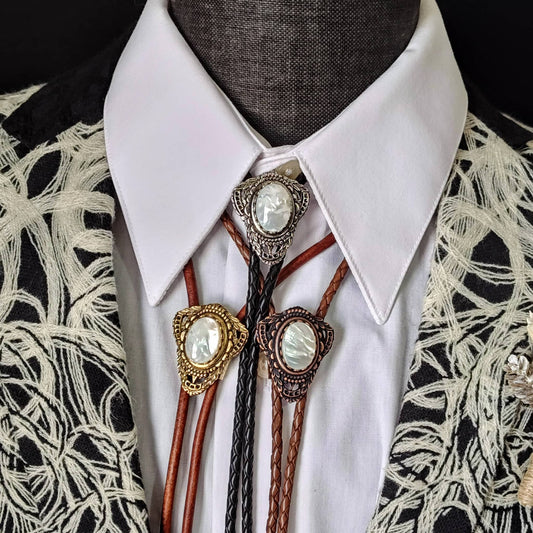 Bolo Tie with White Mother Of Pearl in Muldoon Gold, Silver or Copper - Folks On The Edge