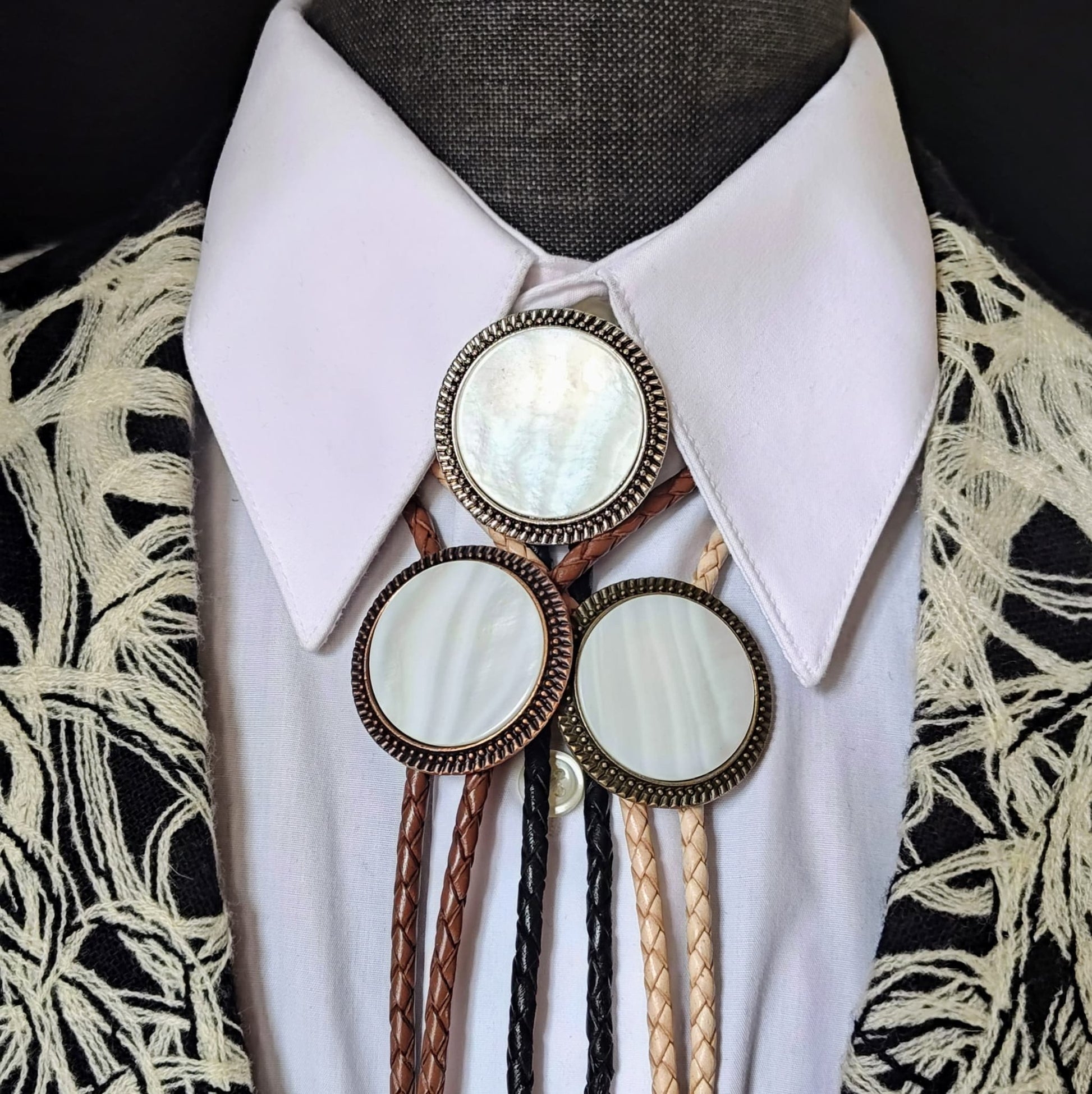 Bolo Tie with White Mother Of Pearl in Round Up Gold, Silver or Copper Setting - Folks On The Edge