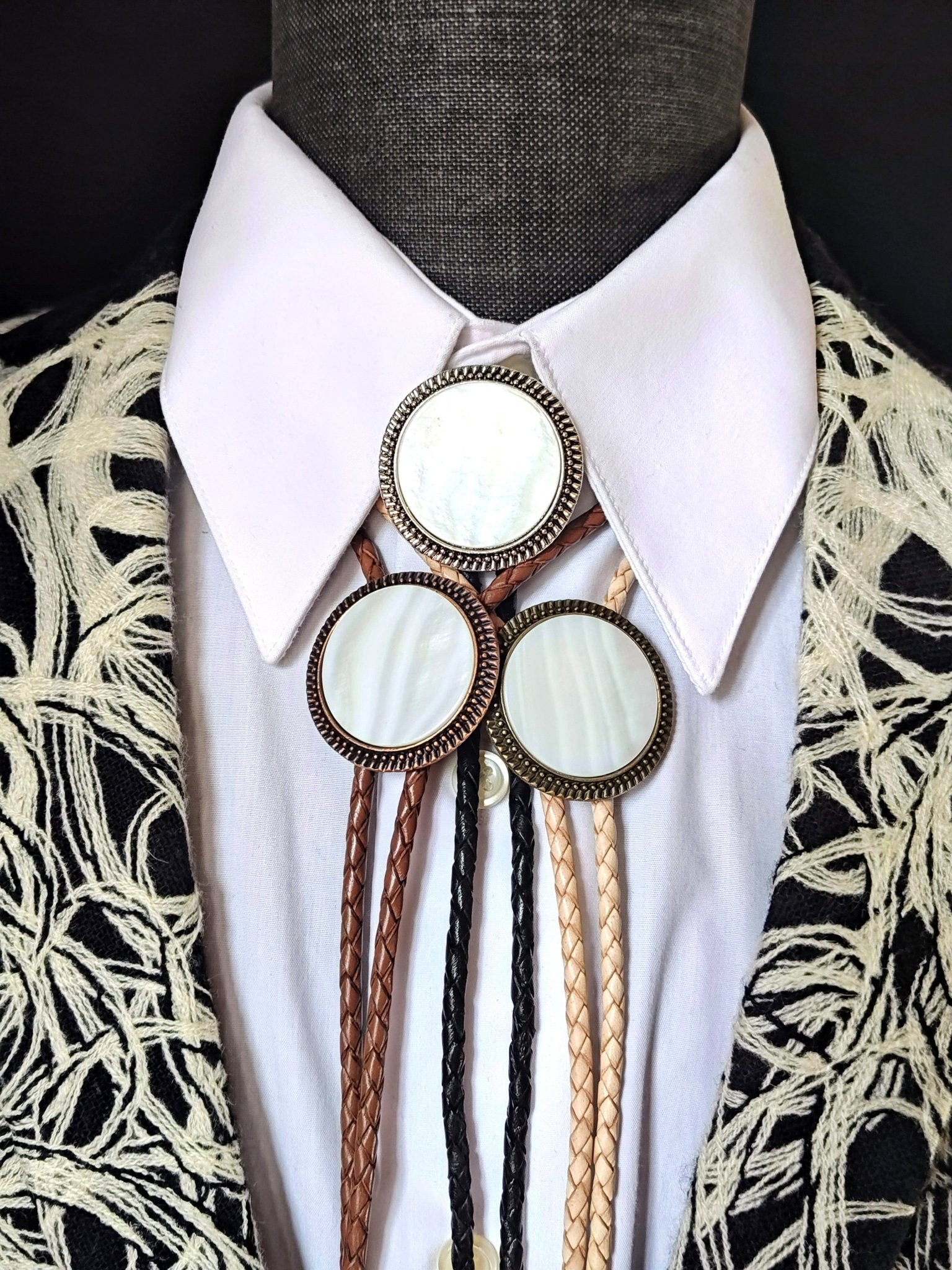 Bolo Tie with White Mother Of Pearl in Round Up Gold, Silver or Copper Setting - Folks On The Edge