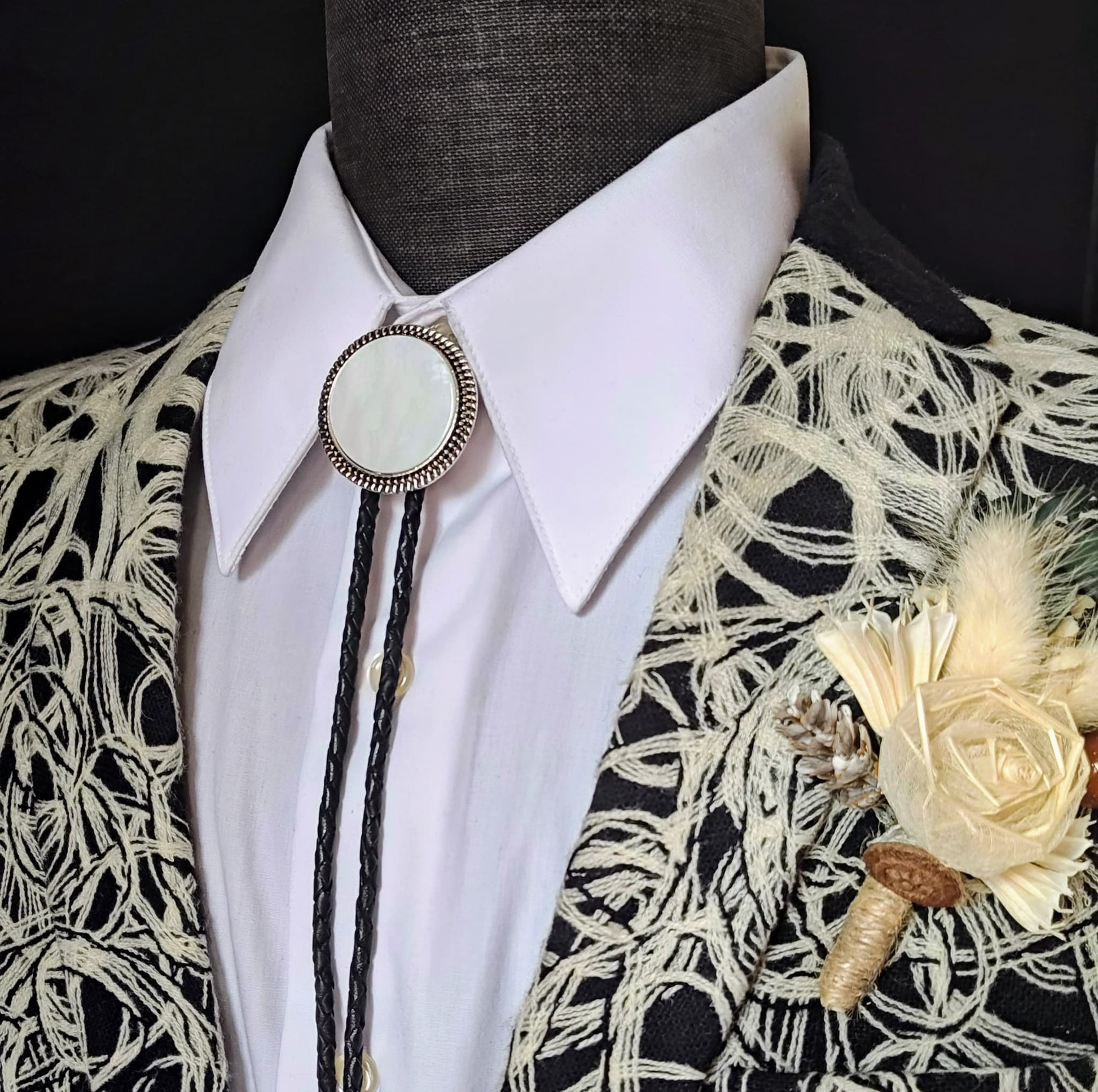 Bolo Tie with White Mother Of Pearl in Round Up Gold, Silver or Copper Setting - Folks On The Edge