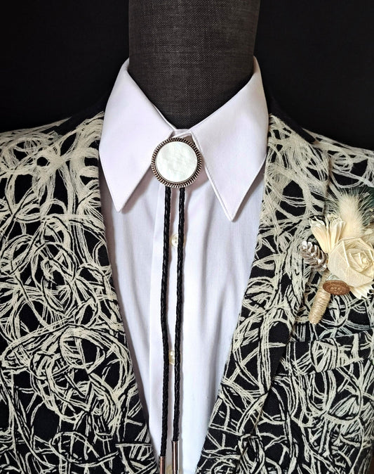 Bolo Tie with White Mother Of Pearl in Round Up Gold, Silver or Copper Setting - Folks On The Edge