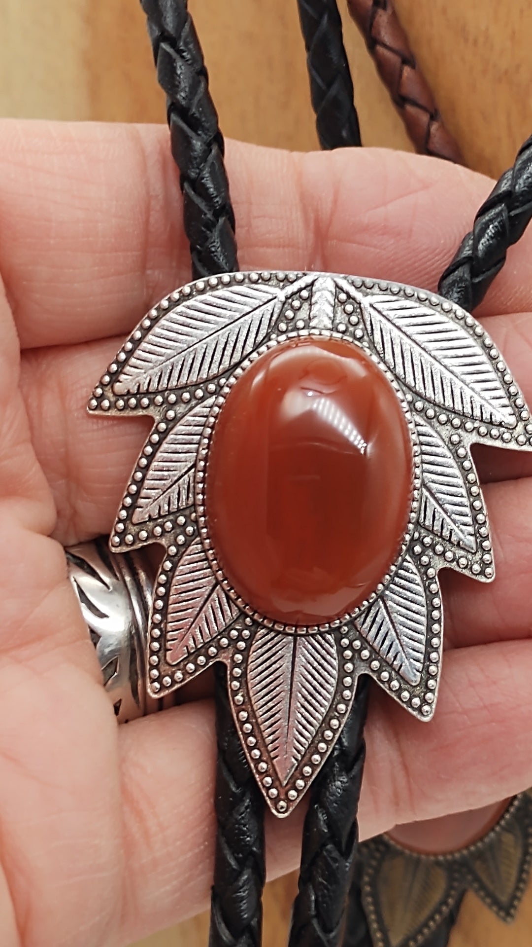 Carnelian Agate Bolo Tie in Wisteria Setting Silver or Gold - Folks On The Edge