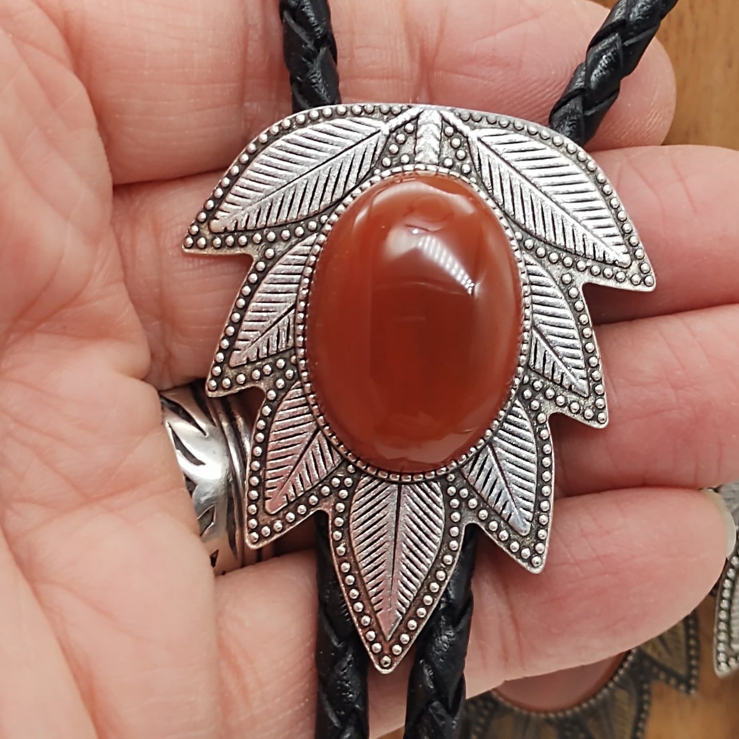 Carnelian Agate Bolo Tie in Wisteria Setting Silver or Gold - Folks On The Edge
