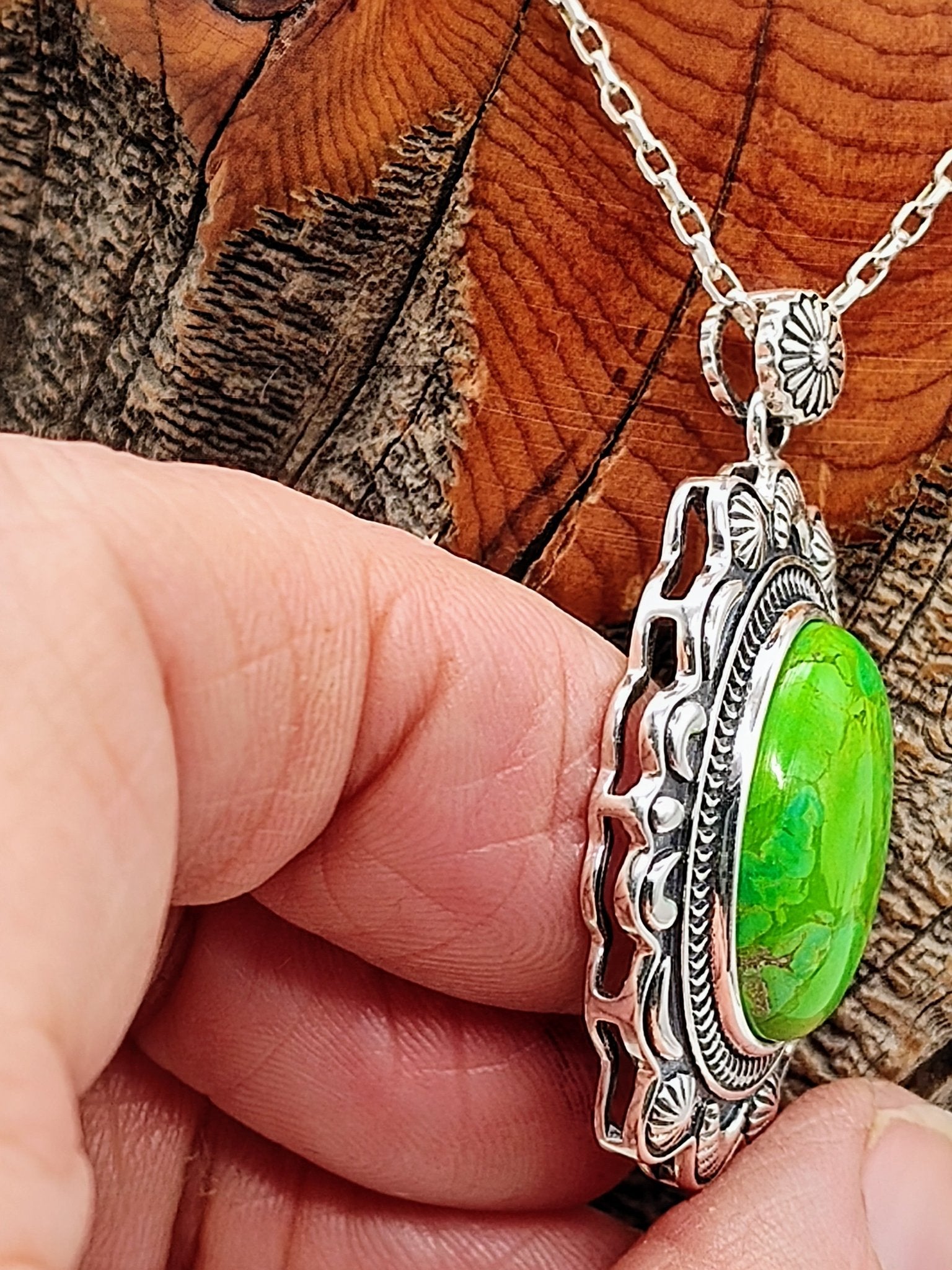 Cheyenne Sterling Silver Necklace with Mohave Green Turquoise - Folks On The Edge