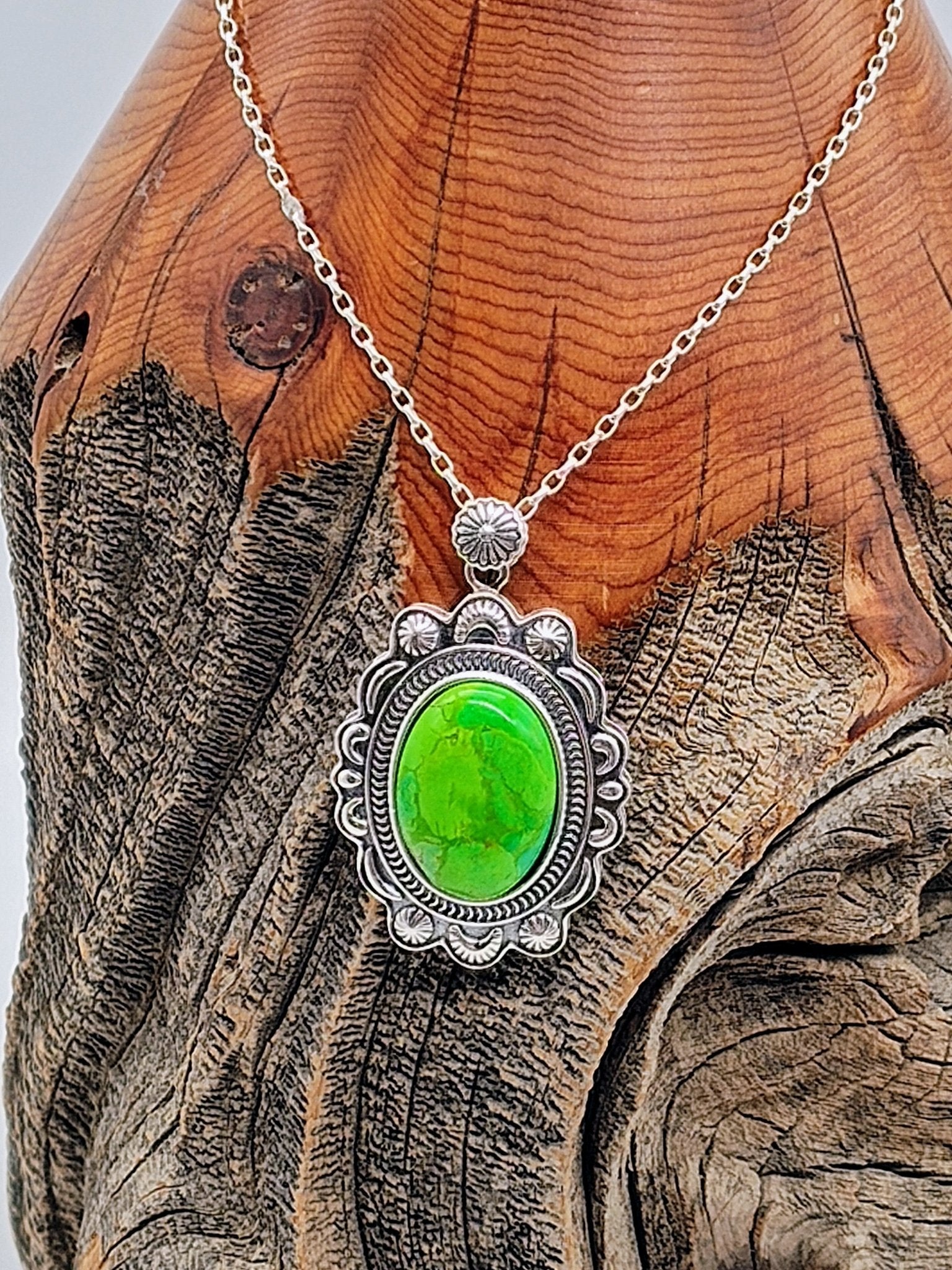 Cheyenne Sterling Silver Necklace with Mohave Green Turquoise - Folks On The Edge