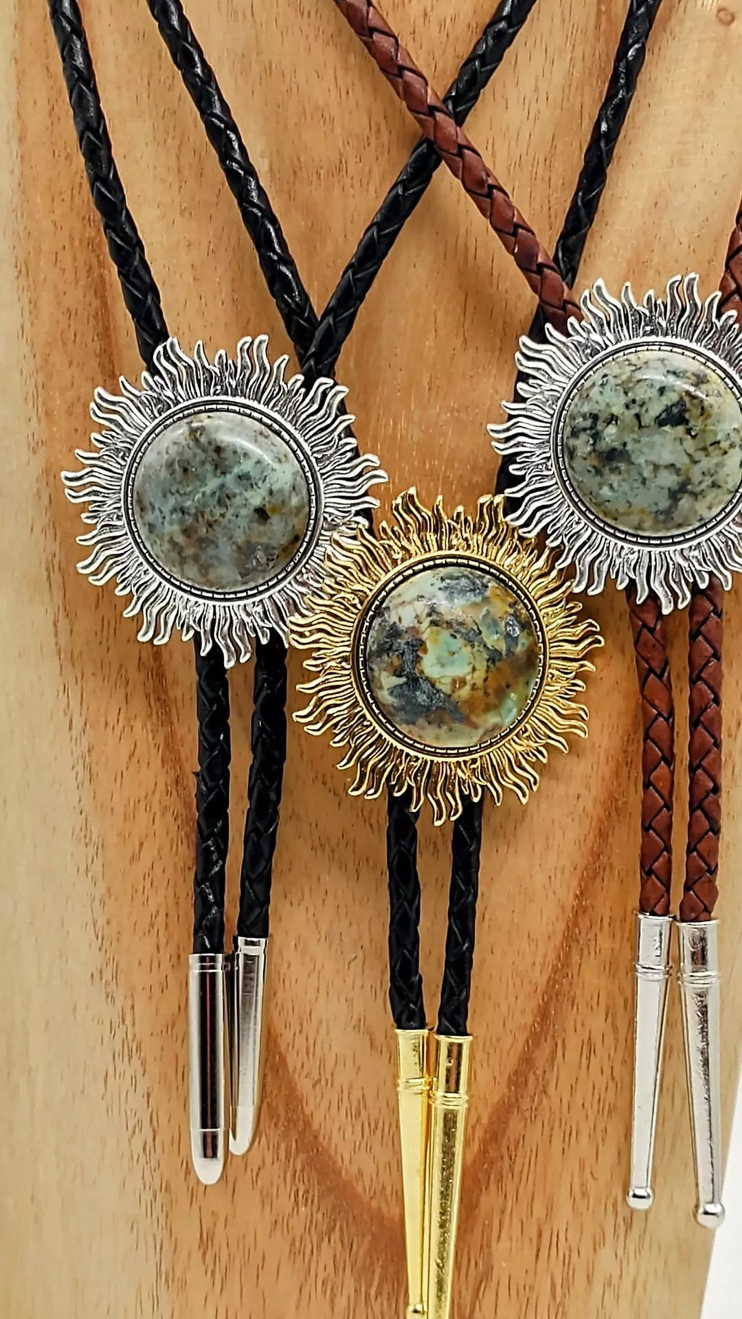 Chrysocolla Bolo Tie in Sun Setting Silver or Gold - Folks On The Edge