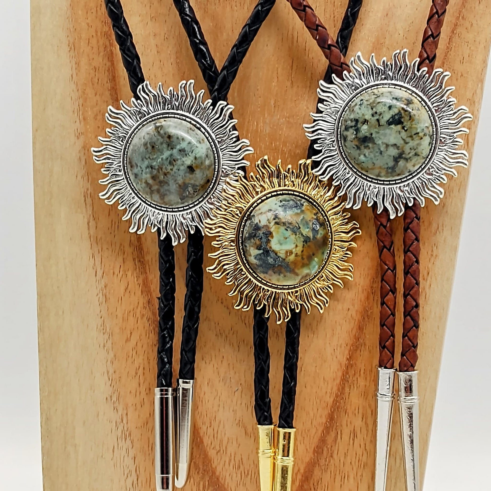 Chrysocolla Bolo Tie in Sun Valley Setting Silver or Gold - Folks On The Edge