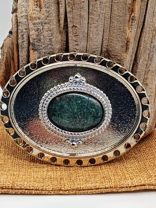 Cowboy Belt Buckle with Green Moss Agate by Folks On The Edge - Folks On The Edge