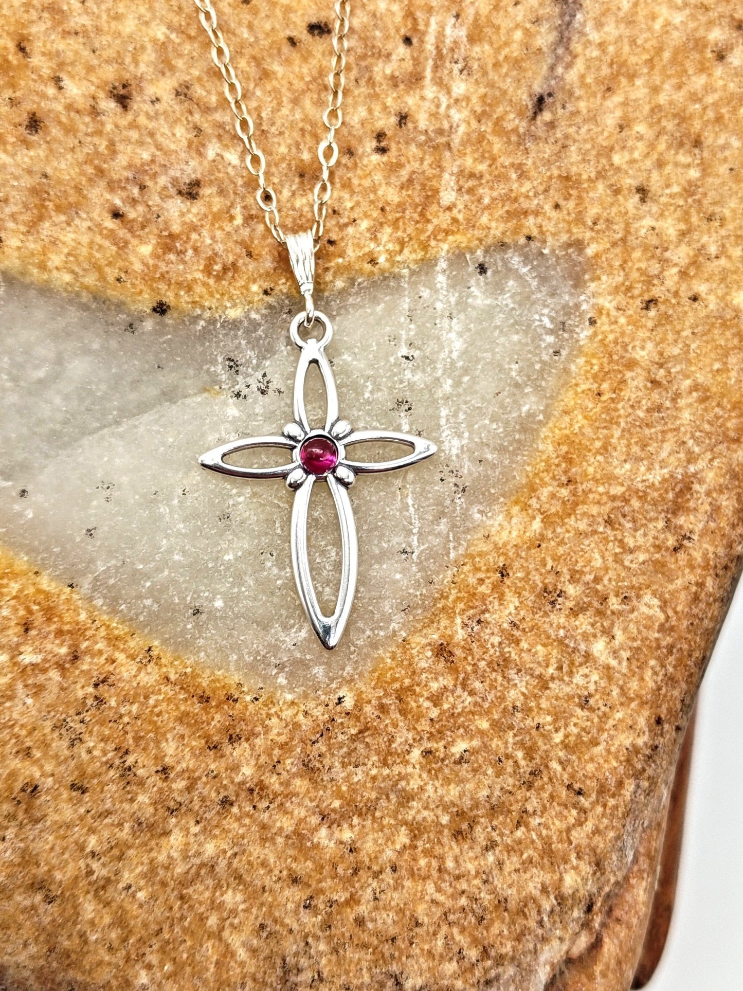 Garnet Sterling Silver Cross Pendant Necklace with 3mm round stone - Folks On The Edge