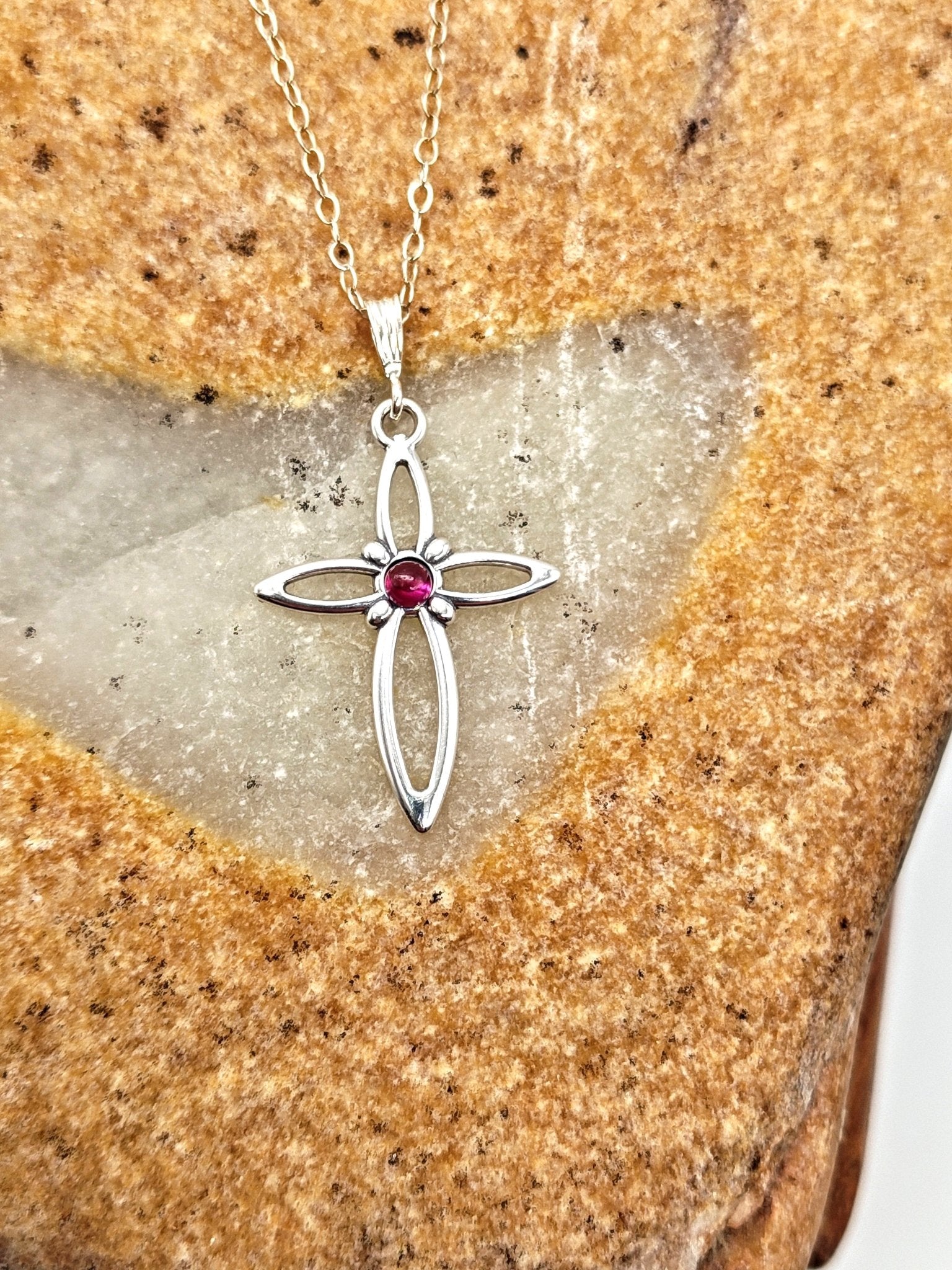 Garnet Sterling Silver Cross Pendant Necklace with 3mm round stone - Folks On The Edge