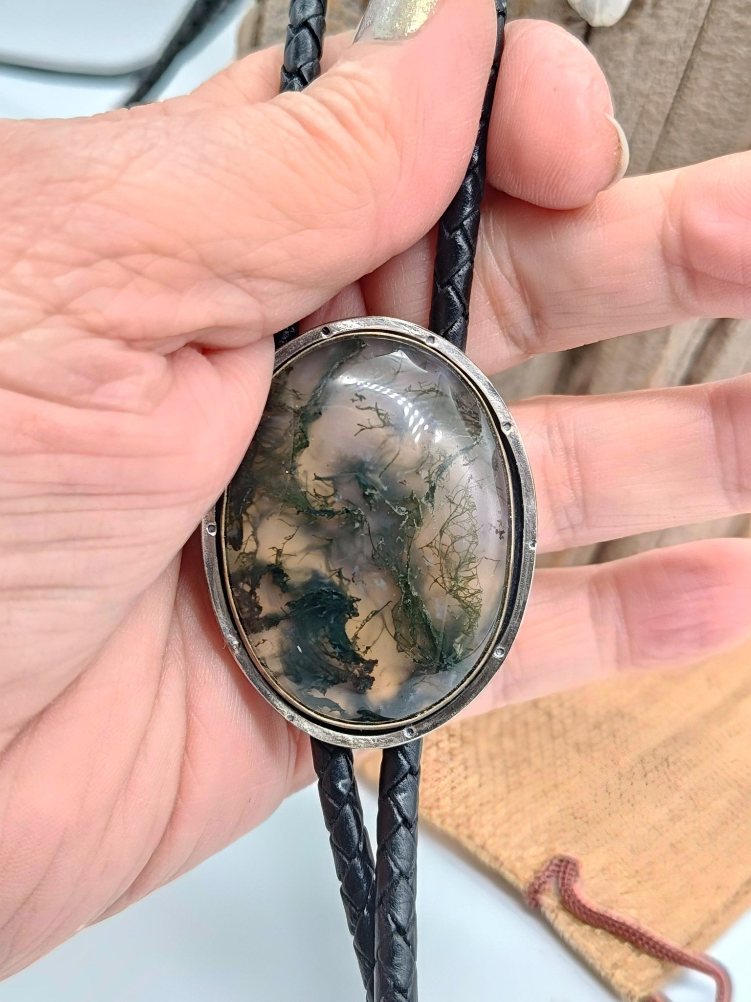 Green Moss Agate Sterling Silver Bolo Tie - Folks On The Edge