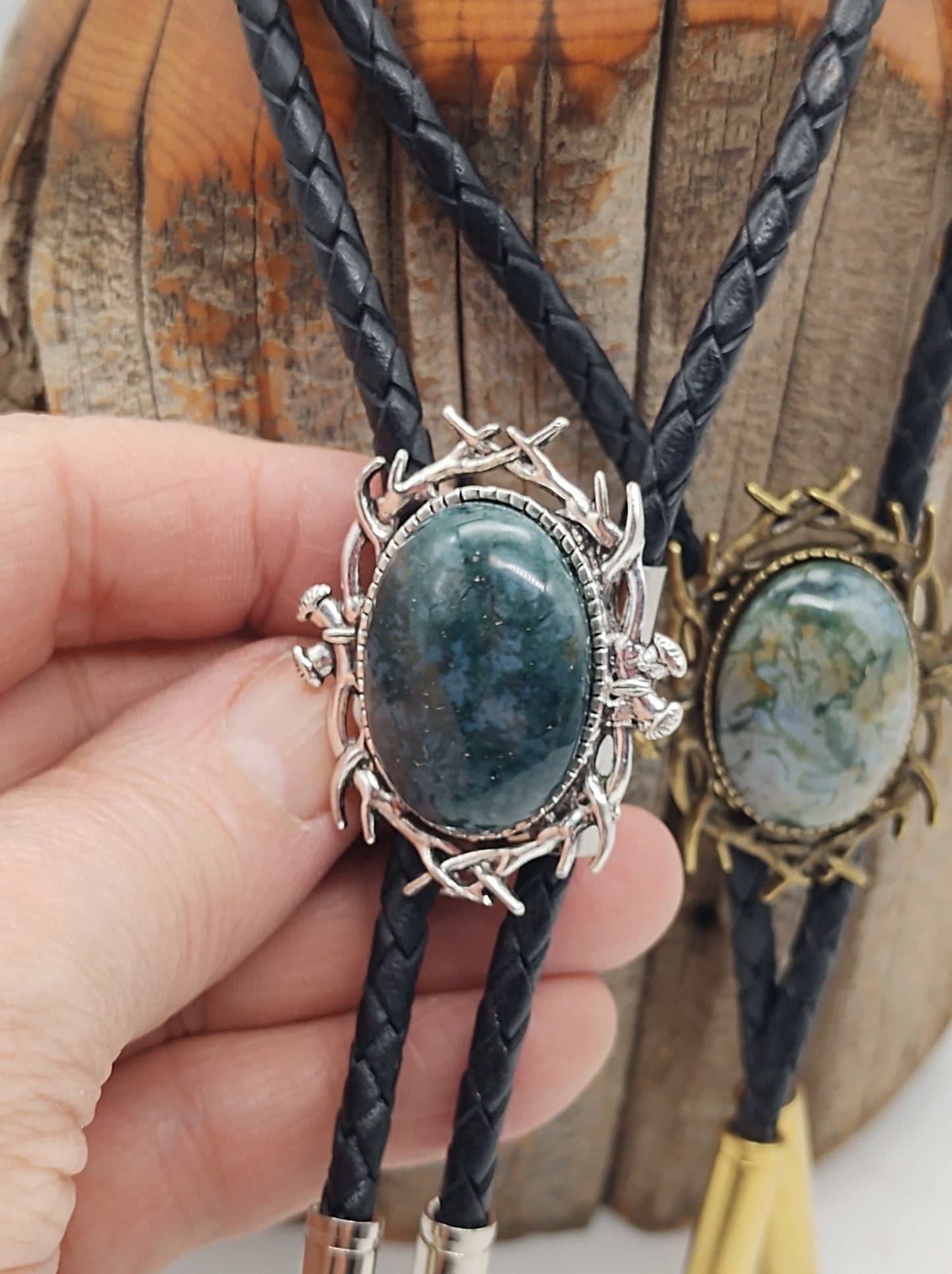 Stag Horn Bolo Tie with Moss Agate in Silver or Gold