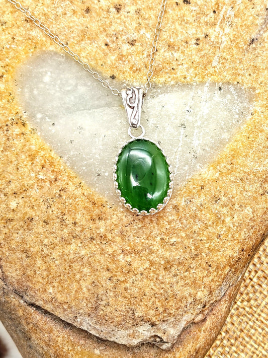 Green Nephrite Jade Sterling Silver Pendant Necklace with 18x13mm Stone - Folks On The Edge