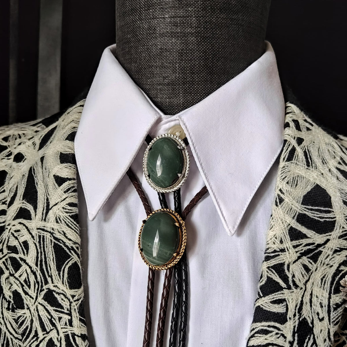 Lasso Bolo Tie with Blue Gray Jasper Gold, Silver or Copper - Folks On The Edge