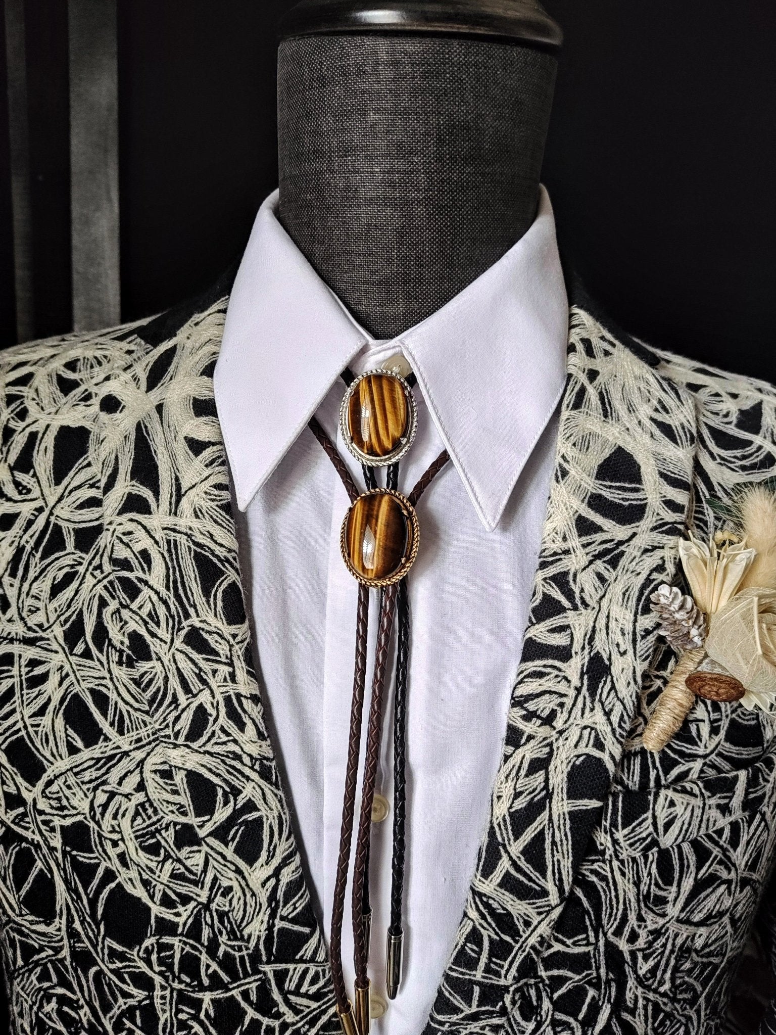 Lasso Bolo Tie with Golden Brown Tiger's Eye Jasper Gold, Silver or Copper - Folks On The Edge