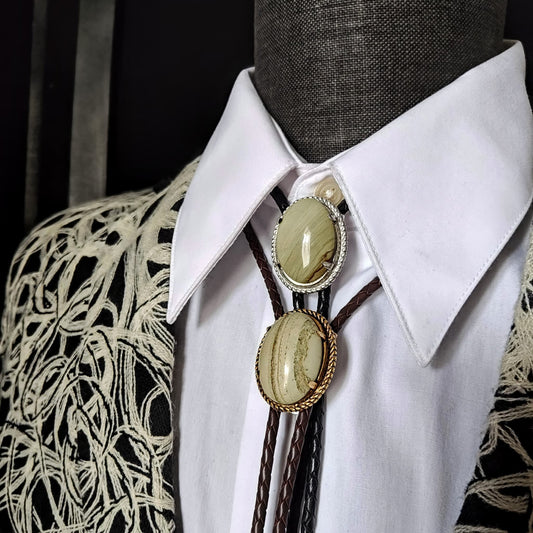 Lasso Bolo Tie with Pebble Tan Jasper Gold, Silver or Copper - Folks On The Edge
