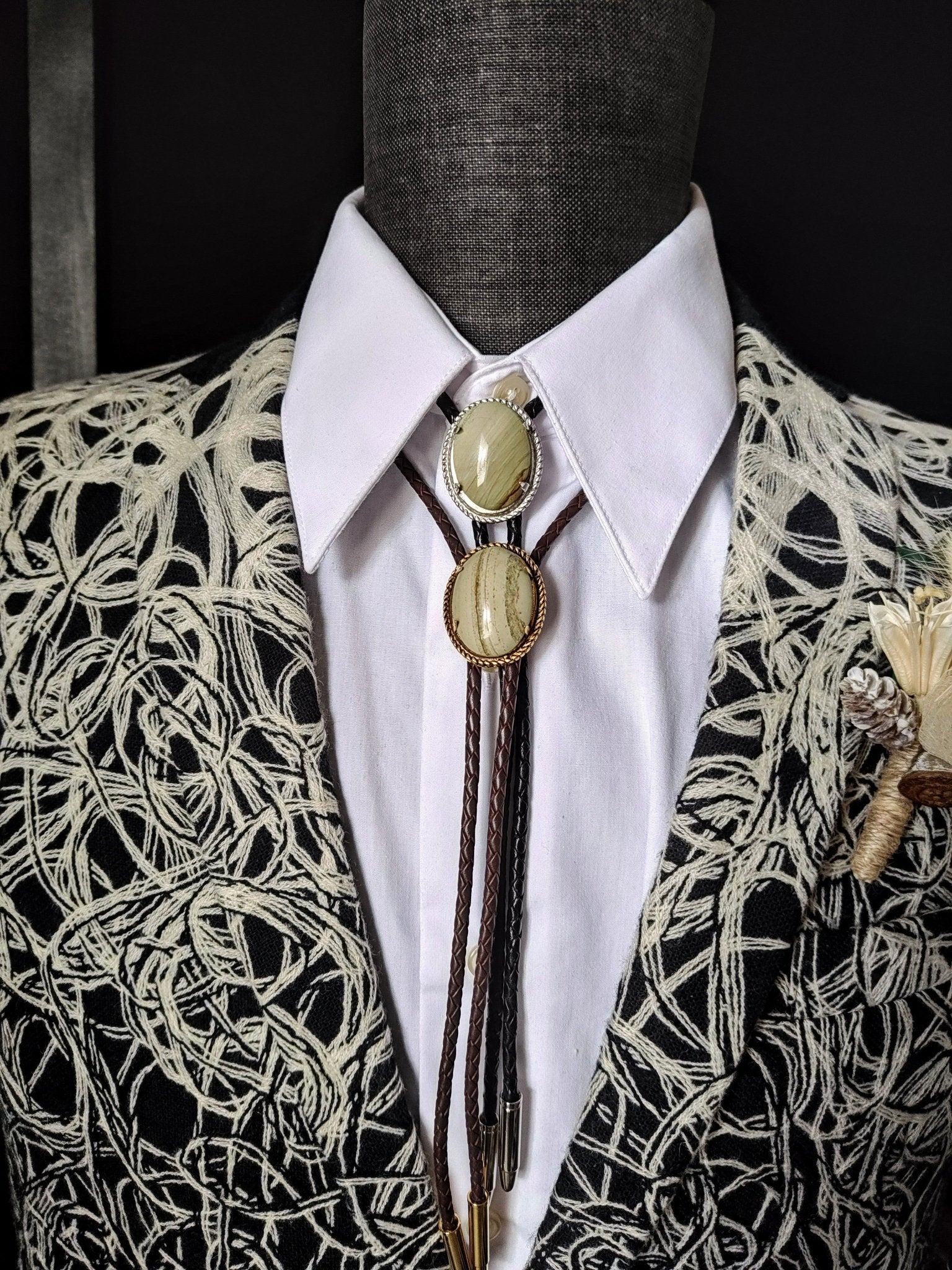 Lasso Bolo Tie with Pebble Tan Jasper Gold, Silver or Copper - Folks On The Edge