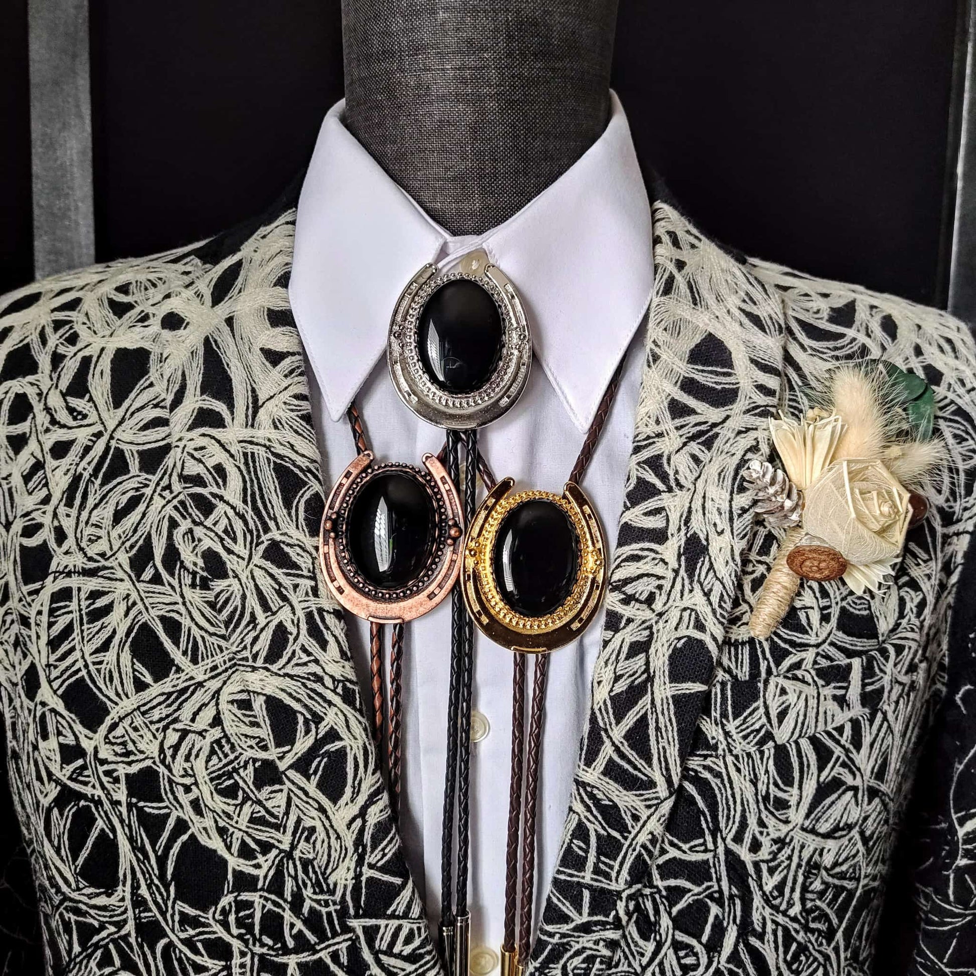 Lucky Horseshoe Bolo Tie with Black Onyx in Gold, Silver or Copper - Folks On The Edge