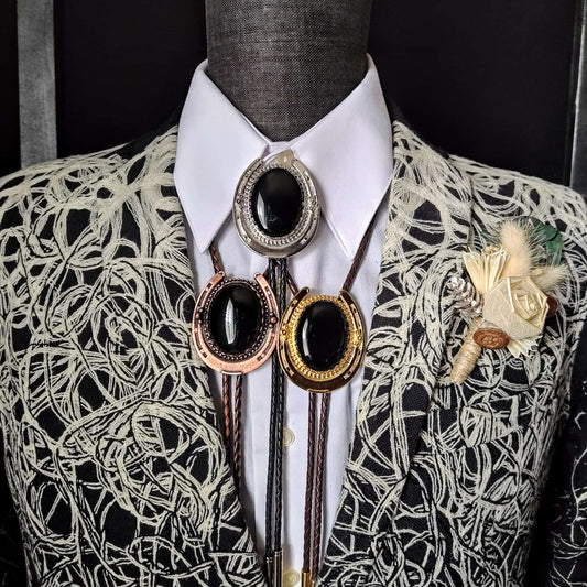 Lucky Horseshoe Bolo Tie with Black Onyx in Gold, Silver or Copper - Folks On The Edge
