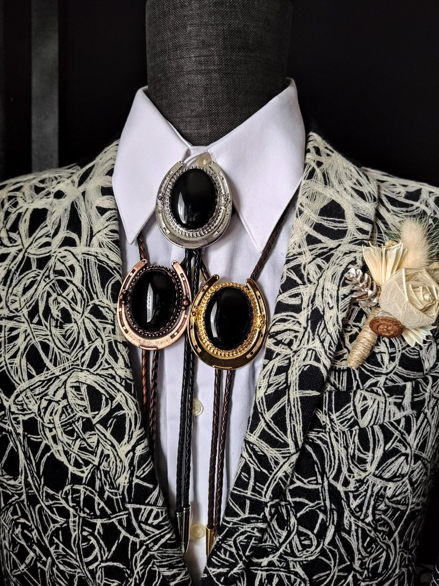 Lucky Horseshoe Bolo Tie with Black Onyx in Gold, Silver or Copper - Folks On The Edge