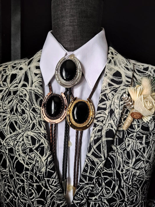Lucky Horseshoe Bolo Tie with Black Onyx in Gold, Silver or Copper - Folks On The Edge