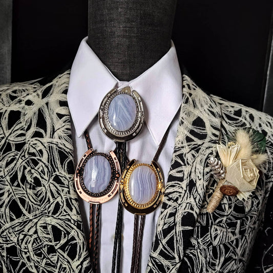 Lucky Horseshoe Bolo Tie with Blue Lace Agate in Gold, Silver or Copper - Folks On The Edge