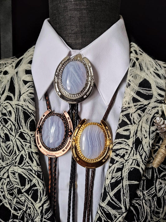Lucky Horseshoe Bolo Tie with Blue Lace Agate in Gold, Silver or Copper - Folks On The Edge