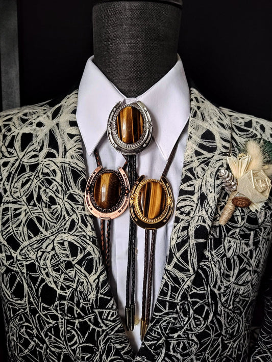 Lucky Horseshoe Bolo Tie with Brown Tiger's Eye Jasper Gold, Silver or Copper - Folks On The Edge